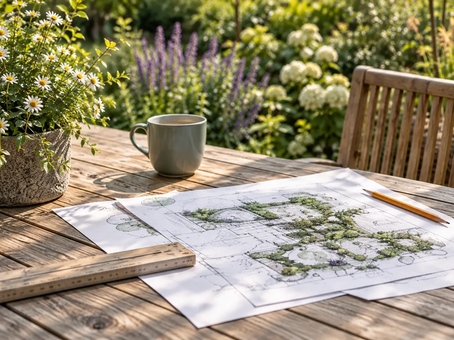 Tuintekening met potlood en liniaal op een houten tuintafel