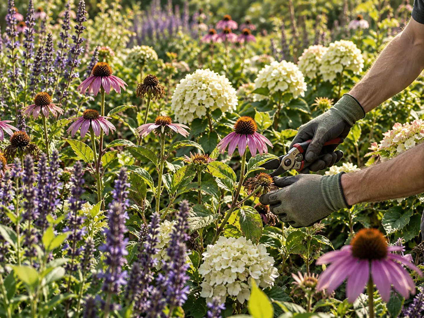 Uitgebloeide bloemen verwijderen met een snoeischaar in een border