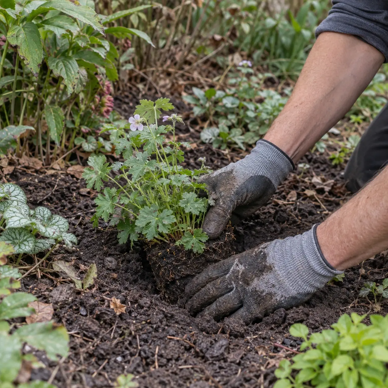 Een bloeiende plant met kluit in de border zetten